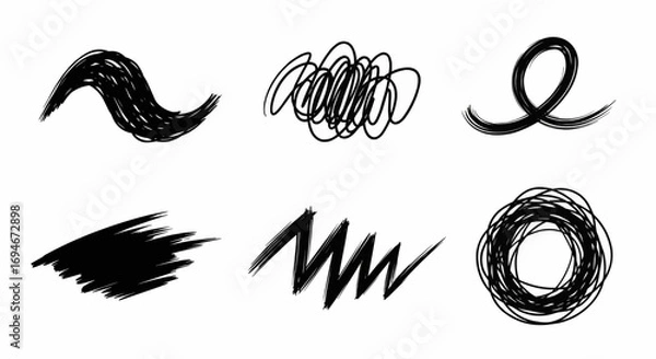 Fototapeta Doodle geometric shapes including triangles, circles, and abstract icons for sketch decoration and creative vector design.