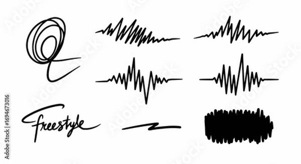 Fototapeta Doodle sound wave and sketch audio line symbols for abstract music decoration, vector design, and creative graphic elements.