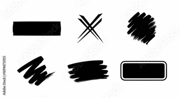 Fototapeta Set of doodle ink blocks and cross strokes for abstract design, bold decoration, and minimal vector sketch elements.