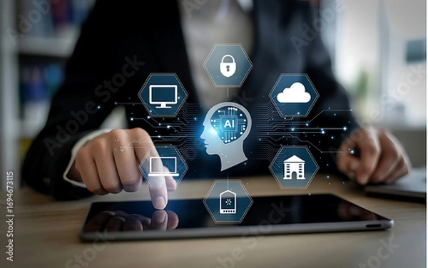 Fototapeta Business professional interacting with AI interface showcasing digital security and cloud technology.