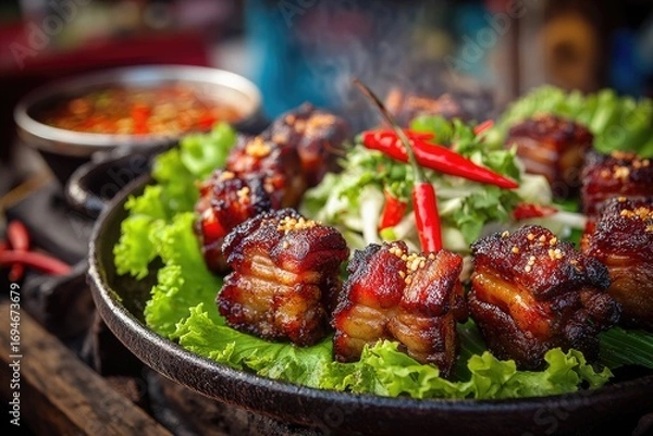 Fototapeta Close-up of grilled pork cubes on a dark pan, served with greens and peppers
