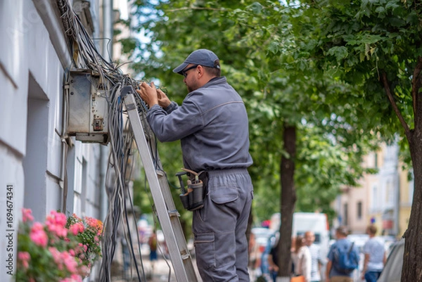 Fototapeta Electrician in uniform restoring power by repairing the wiring system while standing on  stepladder on busy city street