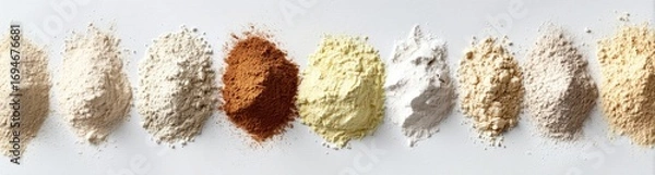 Fototapeta Various types of flour, in piles, on a light surface