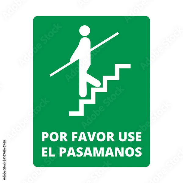 Fototapeta Green stairway banner with por favor use el pasamanos text on a white background (trad. please use handrail)