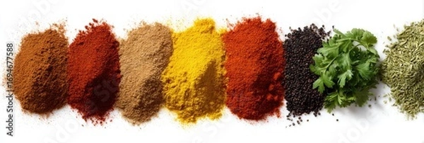Fototapeta Assorted colorful ground spices and herbs arranged in a horizontal row on a white background