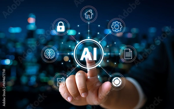 Fototapeta Fingertip touches AI hub connecting to various digital services and icons against a blurred city background.