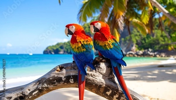 Obraz Two vibrant macaws perch on a driftwood branch against a backdrop of a tropical beach scene, showcasing the rich colors of the parrots against the tranquil azure water and lush greenery.