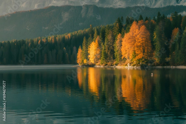 Obraz Serene autumn landscape featuring a tranquil lake reflecting colorful trees and mountains creating a peaceful and scenic view perfect for nature and travel enthusiasts