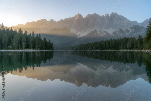 Obraz Serene mountain lake reflecting the towering peaks and surrounding forest at sunrise creating a tranquil landscape perfect for nature lovers and outdoor enthusiasts to enjoy the scenic beauty