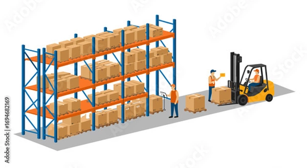 Fototapeta Warehouse logistics management scene with workers and forklift in isometric style