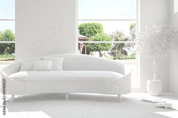 Fototapeta Idea of white room with sofa and summer landscape in window. Scandinavian interior design. 3D illustration