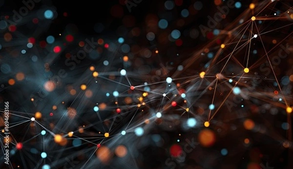 Fototapeta Abstract network of interconnected points and lines.  Dynamic particles