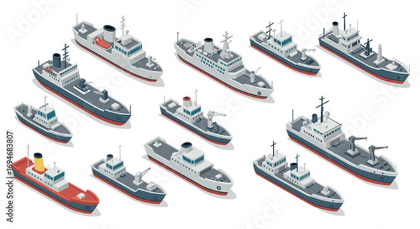 Fototapeta Isometric ships collection featuring various maritime vessels in gray and red tones