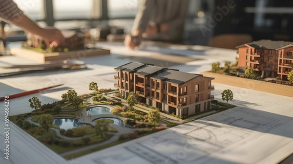 Obraz Architectural model showcases a modern apartment complex with landscaped gardens and pools highlighting design and planning for real estate development and urban living spaces