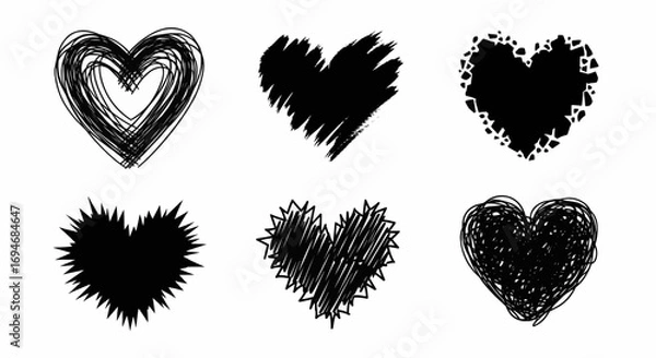 Fototapeta Set of doodle heart shapes with rough hand drawn style for love symbols, romantic design, and abstract art decoration.