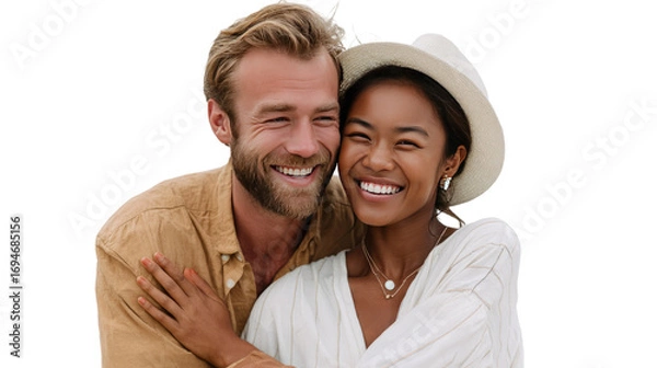Fototapeta Joyful Embrace by the Sea: Captured with the pure joy of love, a diverse couple radiates happiness against the serene backdrop of a sunny day, their smiles infectious and their bond palpable. 