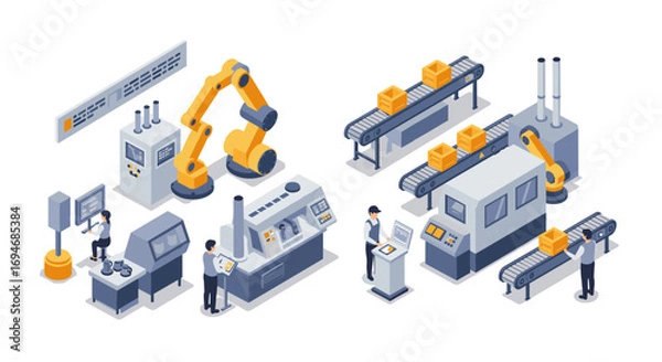 Fototapeta Isometric smart factory automation scene with robots and conveyors
