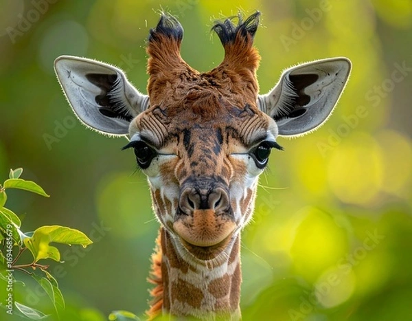 Fototapeta Close-up of a giraffe calf peeking through foliage