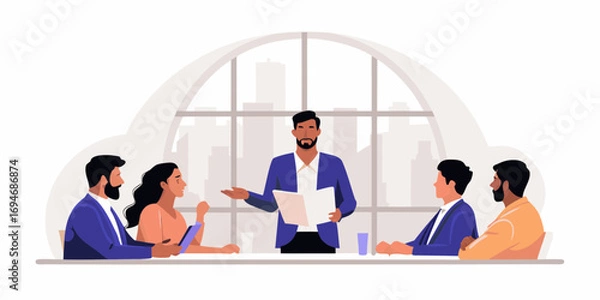 Fototapeta Diverse business team in a modern office meeting discussing project plans with a presenter holding documents