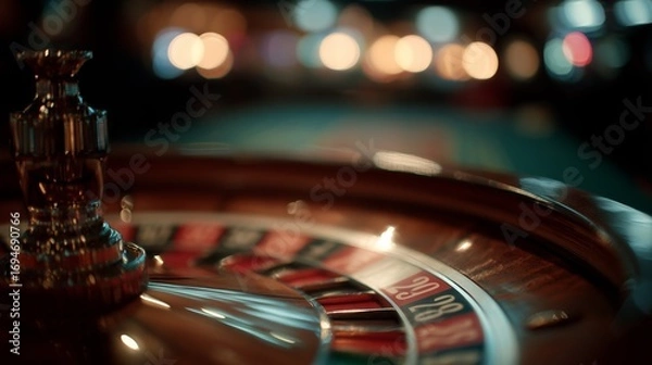 Obraz Close-up of a spinning roulette wheel in a dimly lit casino, emphasizing the thrill and anticipation of gambling.