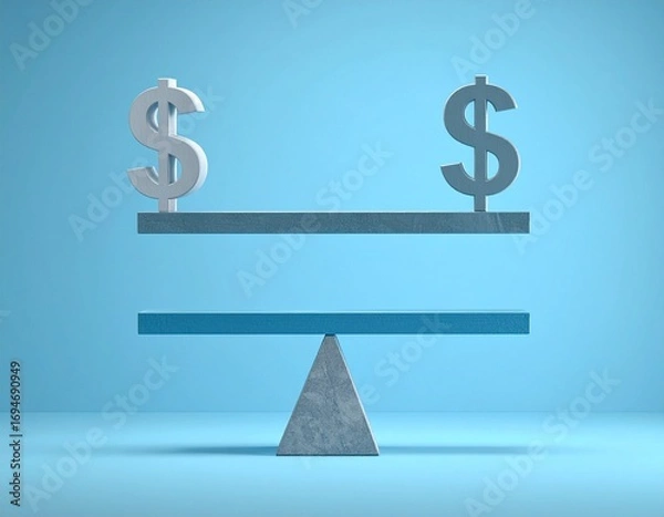 Fototapeta Balancing dollar signs on a scale on blue background 