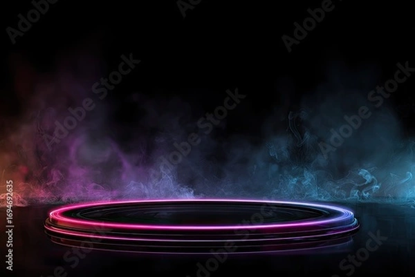 Fototapeta Circular neon stage with smoky backdrop