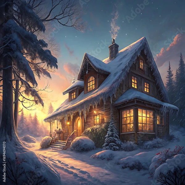 Fototapeta Tranquil winter island cottage surrounded by snow and warm evening illumination, Ai Generated