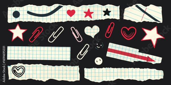 Fototapeta Collection of torn notebook paper scraps with hand drawn doodles and office supplies on a black background