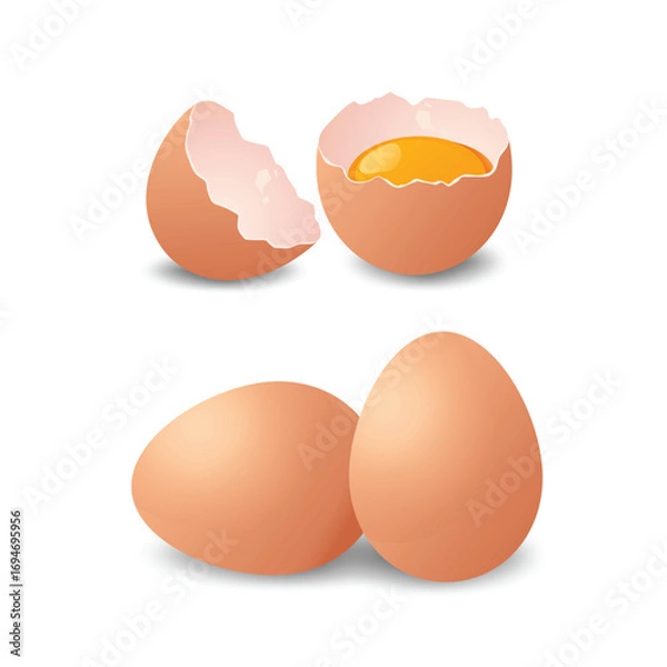Fototapeta Realistic illustration of whole and cracked eggs with yolk, symbolizing freshness, nutrition