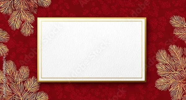 Obraz a blank white rectangular card with gold trim on the right side, set against a red background adorned with christmas tree patterns. 