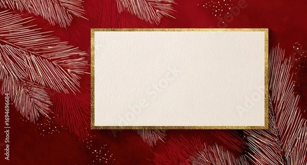 Obraz a blank white rectangular card with gold trim on the right side, set against a red background adorned with christmas tree patterns. 