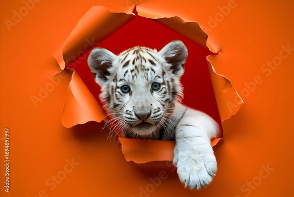 Obraz Adorable white tiger cub peers through a vibrant orange paper tear showcasing its captivating blue eyes and playful nature a perfect representation of wildlife and animal photography
