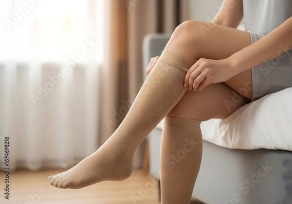 Fototapeta Woman Putting on Compression Stockings, Healthcare and Medical Support, Legs with Support Socks for Circulation, Thigh High Stockings, Prevent Swelling.