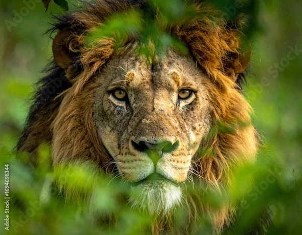 Fototapeta Close-up of a male lion hidden behind foliage