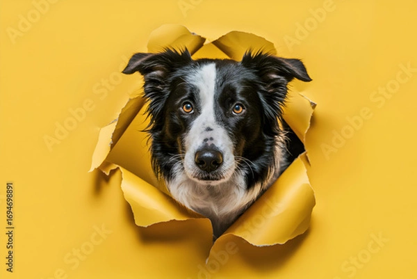 Obraz Border collie dog peeking through a vibrant yellow ripped paper background showcasing its expressive eyes and playful curiosity perfect for pet lovers and creative design projects