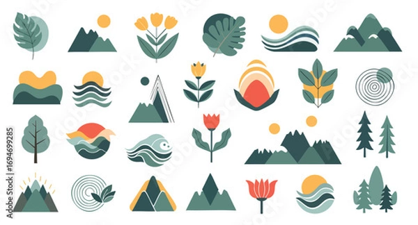 Fototapeta Minimalist nature landscape icon set geometric flat vector style Mountains Waves Trees Flowers Leaves Abstract Graphic Decor