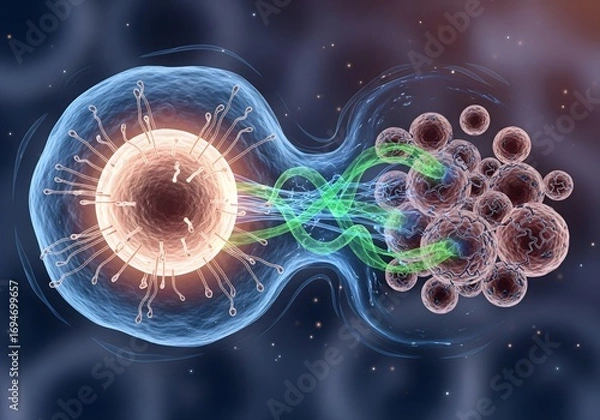 Fototapeta Cell Biology Illustration of Cell Division, Replication, Genetic Material, Microscopic Structure, and Cancerous Cells.