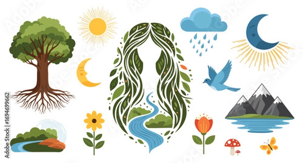 Fototapeta mother nature Abstract Mother Earth natural elements collection vector illustration ecology environment planet conservation symbols flat cartoon graphic tree sun moon bird butterfly flower