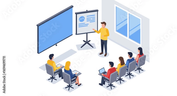 Fototapeta Isometric business presentation meeting with teamwork and technology focus