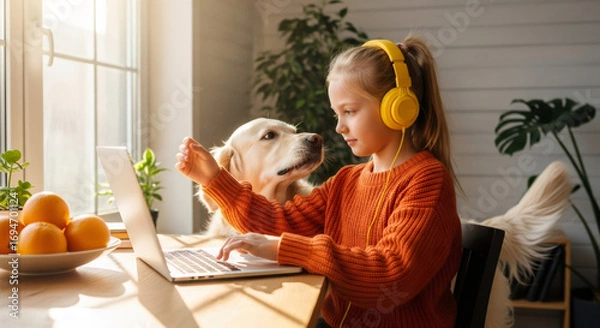 Fototapeta A girl working on laptop while petting a dog at home, concept of pet friendly work environment
