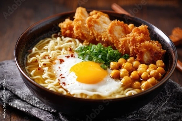 Fototapeta Bowl of ramen with fried chicken, egg, and chickpeas