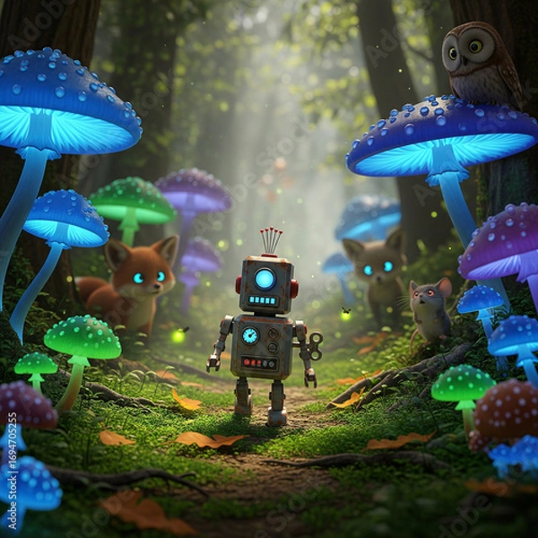 Fototapeta Lost Toy Robot in Forest