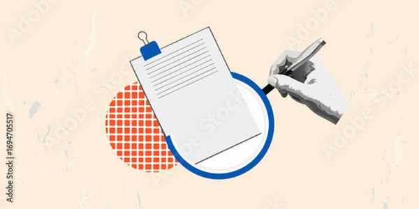 Fototapeta Hand holding pen examining document under magnifying glass with abstract geometric shapes background