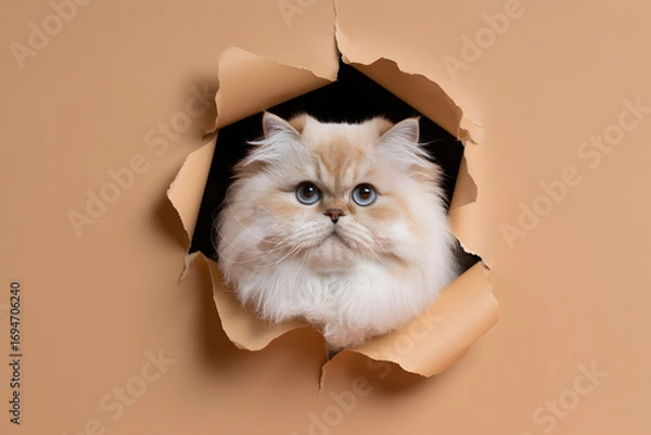 Obraz Adorable himalayan cat with blue eyes peeks through a torn beige paper background creating a playful and curious scene perfect for pet lovers and creative projects showcasing feline charm