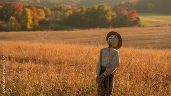 Fototapeta Golden autumn field bathed in sunlight with a lone figure looking towards the horizon