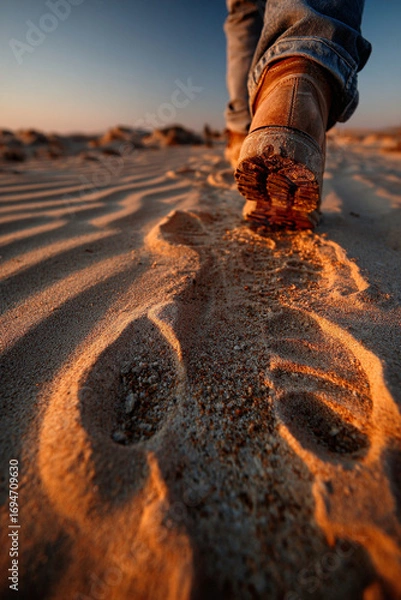 Fototapeta Walking boot on sandy desert ground with visible footprint in warm light, symbolizing journey and challenges in global supply chain and inflation impact on trade