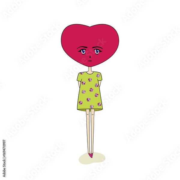 Fototapeta A fictional character with a head in the shape of a heart, standing in a green dress. Vector illustration. Isolated white background.