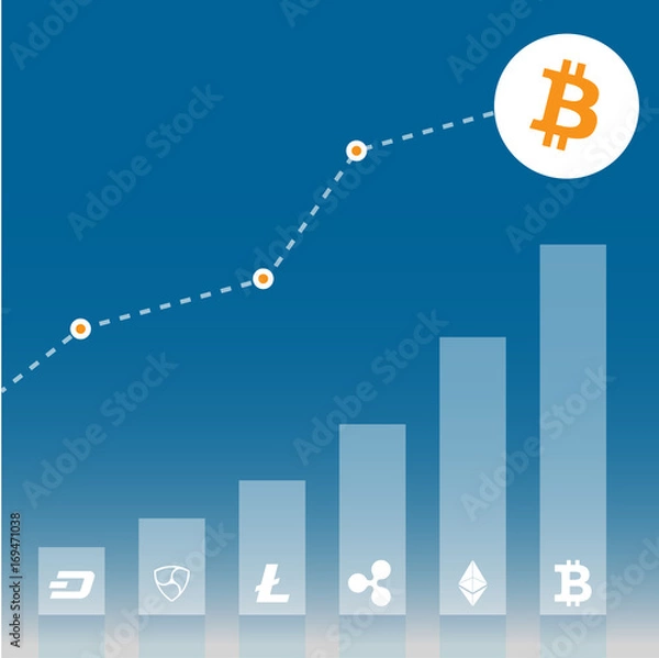 Fototapeta Graphic of bitcoin growth with different cryptocurrency on blue gradient background. Flat icon design. Vector illustration. Eps 10.