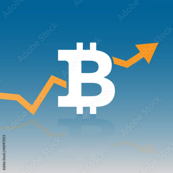 Fototapeta Orange up line arrow between bitcoin sign on blue gradient background. Flat icon design. Vector illustration. Eps 10.