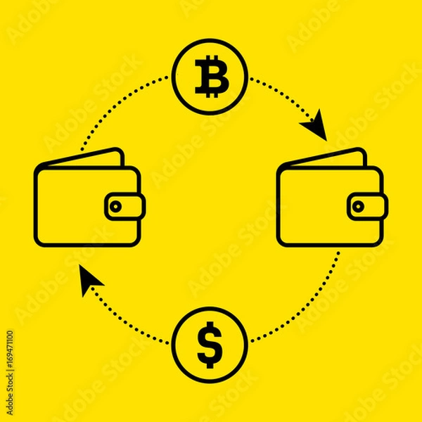 Fototapeta Icon dollar to bitcoin exchange of currency. Flat design. Vector illustration isolated a yellow background for website or app and etc.